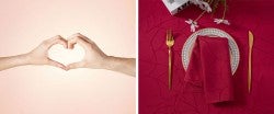 Hands making a heart and dinner table setting with gold cutlery