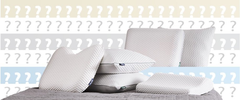 Pillows from JYSK Canada surrounded by question marks.