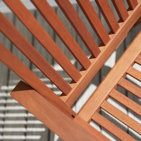 Close up of FSC certified sustainable wood patio chair from JYSK Canada
